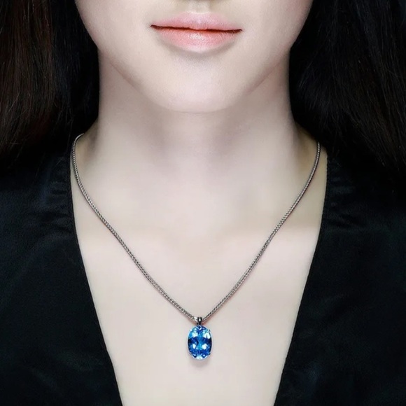 Sterling Silver Blue Topaz Charm Pendant Chain Link Necklace - Picture 5 of 5